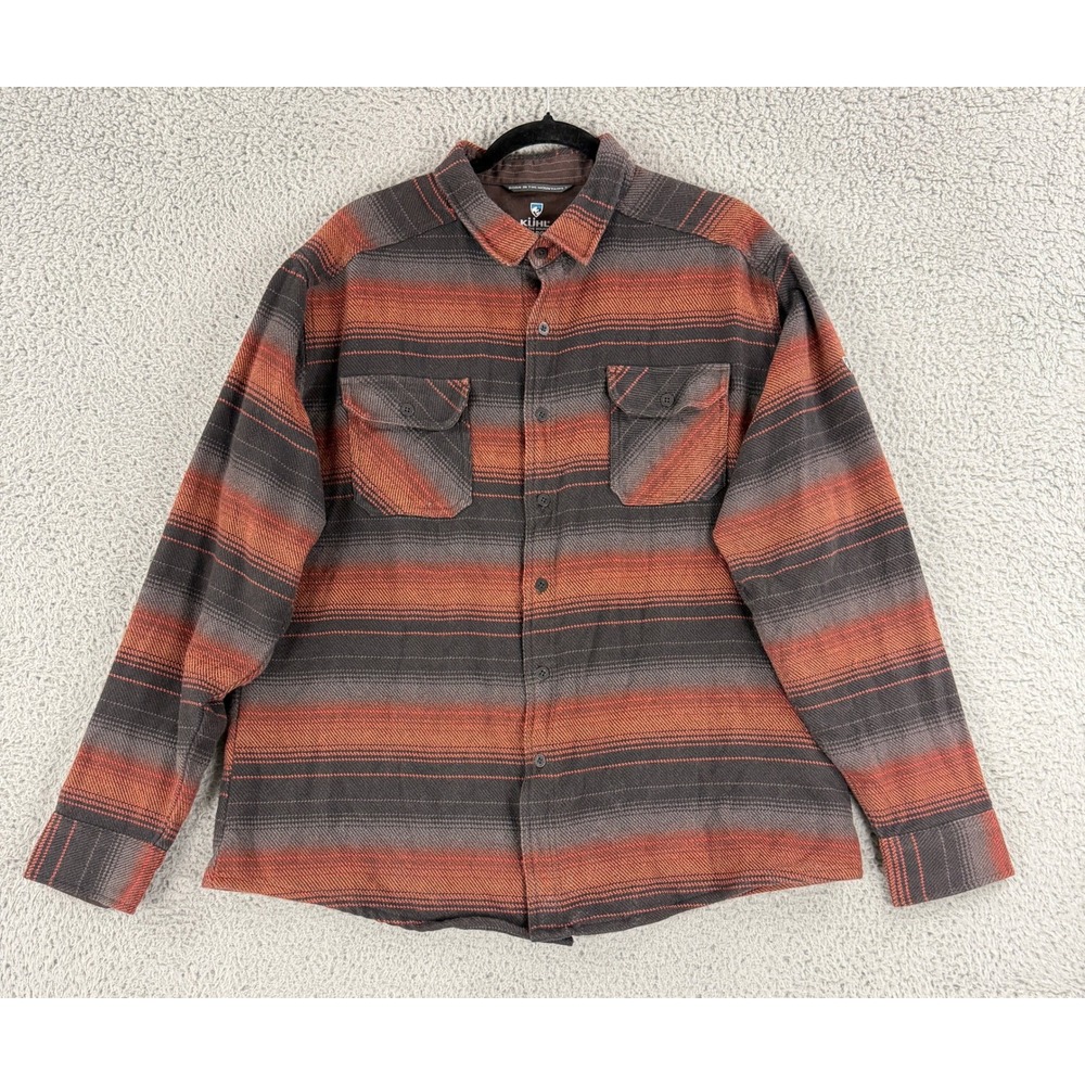 Kuhl Disordr Flannel Shirt Mens XL Heavyweight Orange Brown Striped Button Down